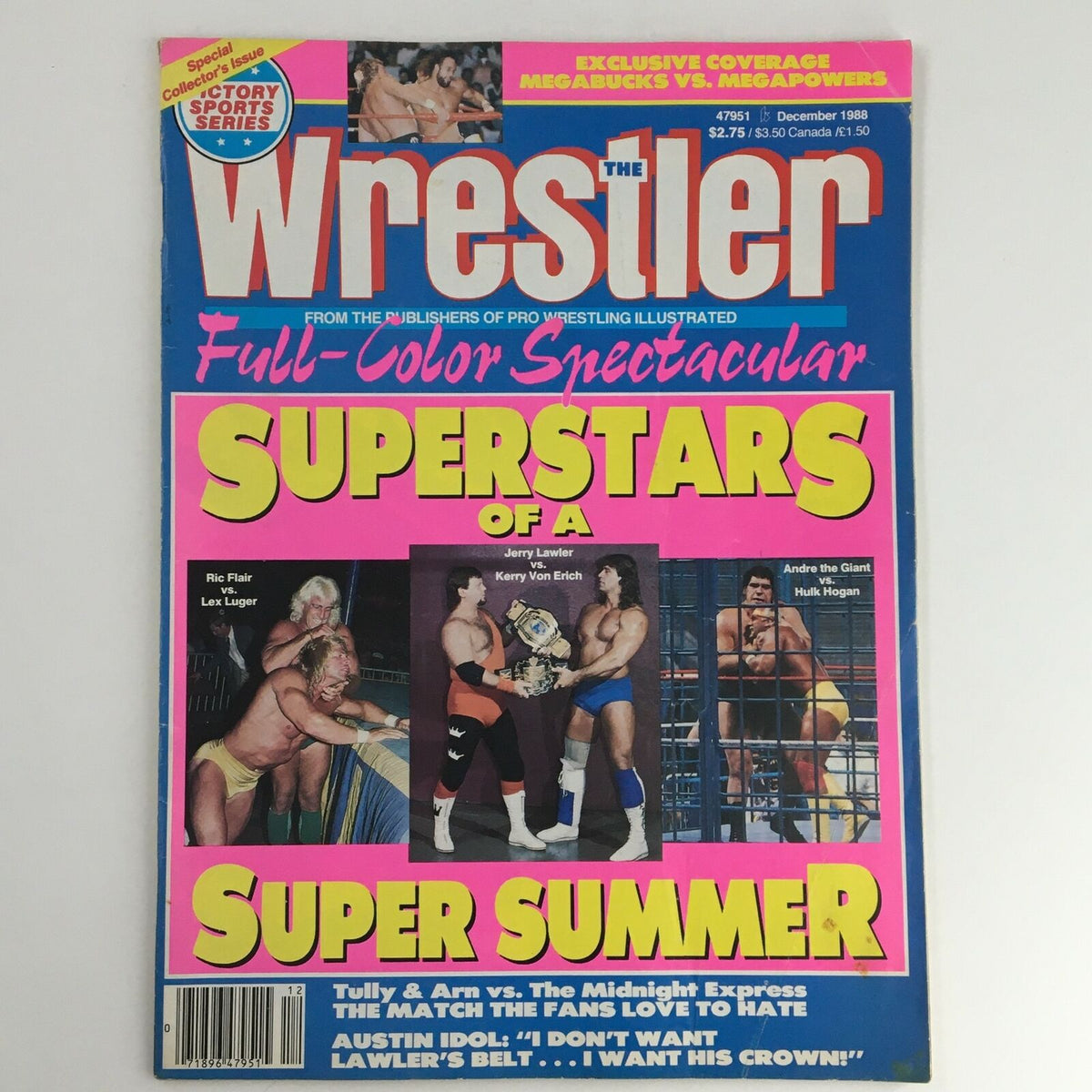 The Wrestler December 1988 cover featuring Andre The Giant vs Hulk Hogan, with vibrant colors and featured matches, including Jerry Lawler vs Kerry Von Erich.