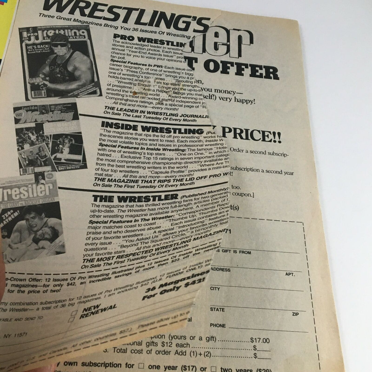 The back cover of The Wrestler December 1988, showcasing subscription offers and other wrestling magazine promotions.