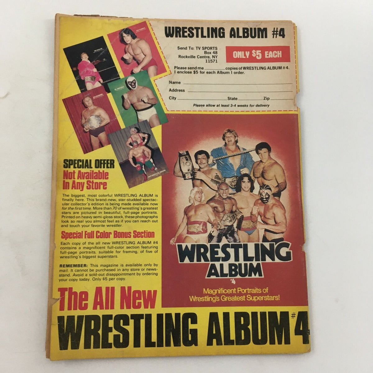 Inside Wrestling Magazine August 1982 - Cover of Wrestling Album #4 showcasing a collage of wrestling superstars and promotional details about special offers.