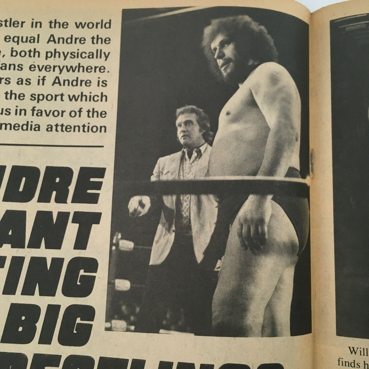 Inside Wrestling Magazine August 1982 - Image depicting Andre the Giant in a wrestling ring alongside a commentator, highlighting the significance of his role in wrestling history.