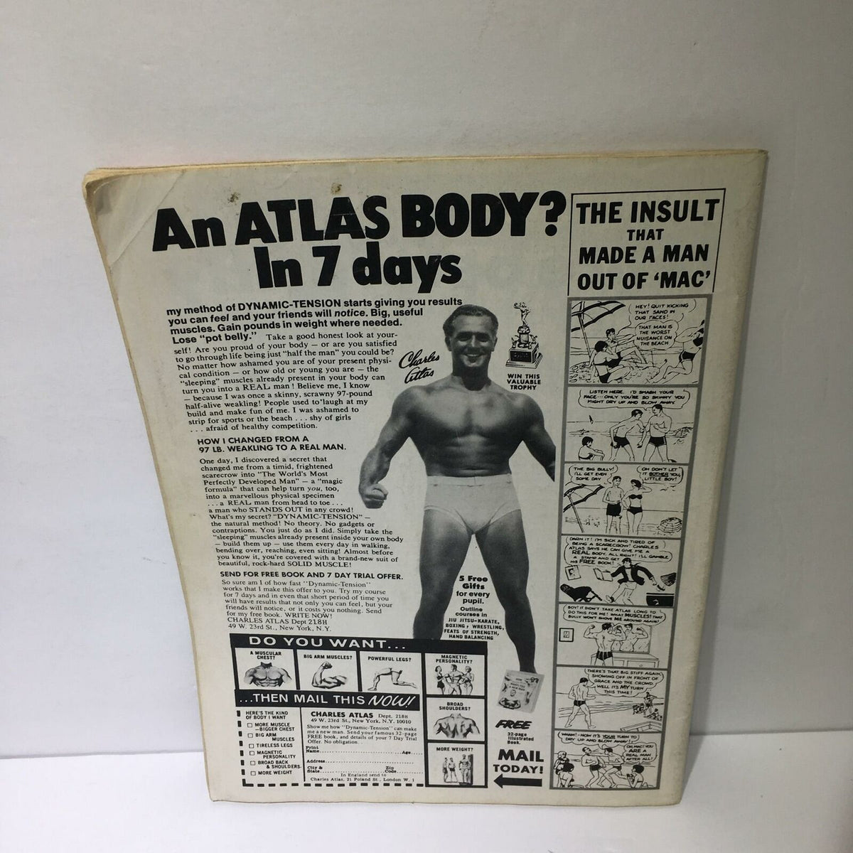 Back cover of Inside Wrestling Magazine, September 1977, featuring an advertisement with Charles Atlas promoting a fitness program.