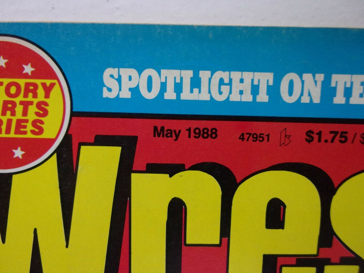 Top portion of The Wrestler magazine cover from May 1988, displaying the title 'The Wrestler' and the date alongside a promotional badge for a victory sports series.