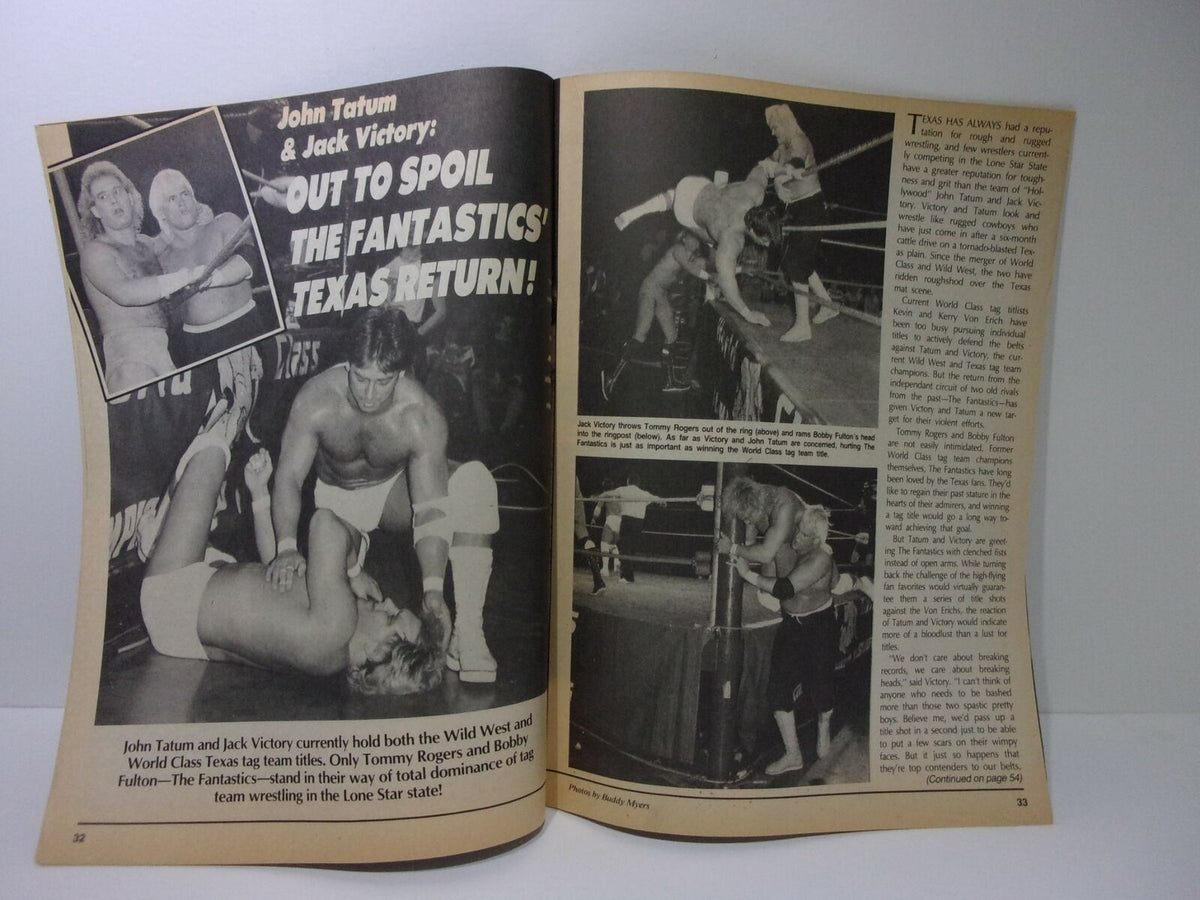 Feature article in The Wrestler May 1988 Hulk Hogan Magazine focusing on wrestlers John Tatum and Jack Victory, discussing their achievements in tag team wrestling and showcasing dynamic action from a wrestling match.