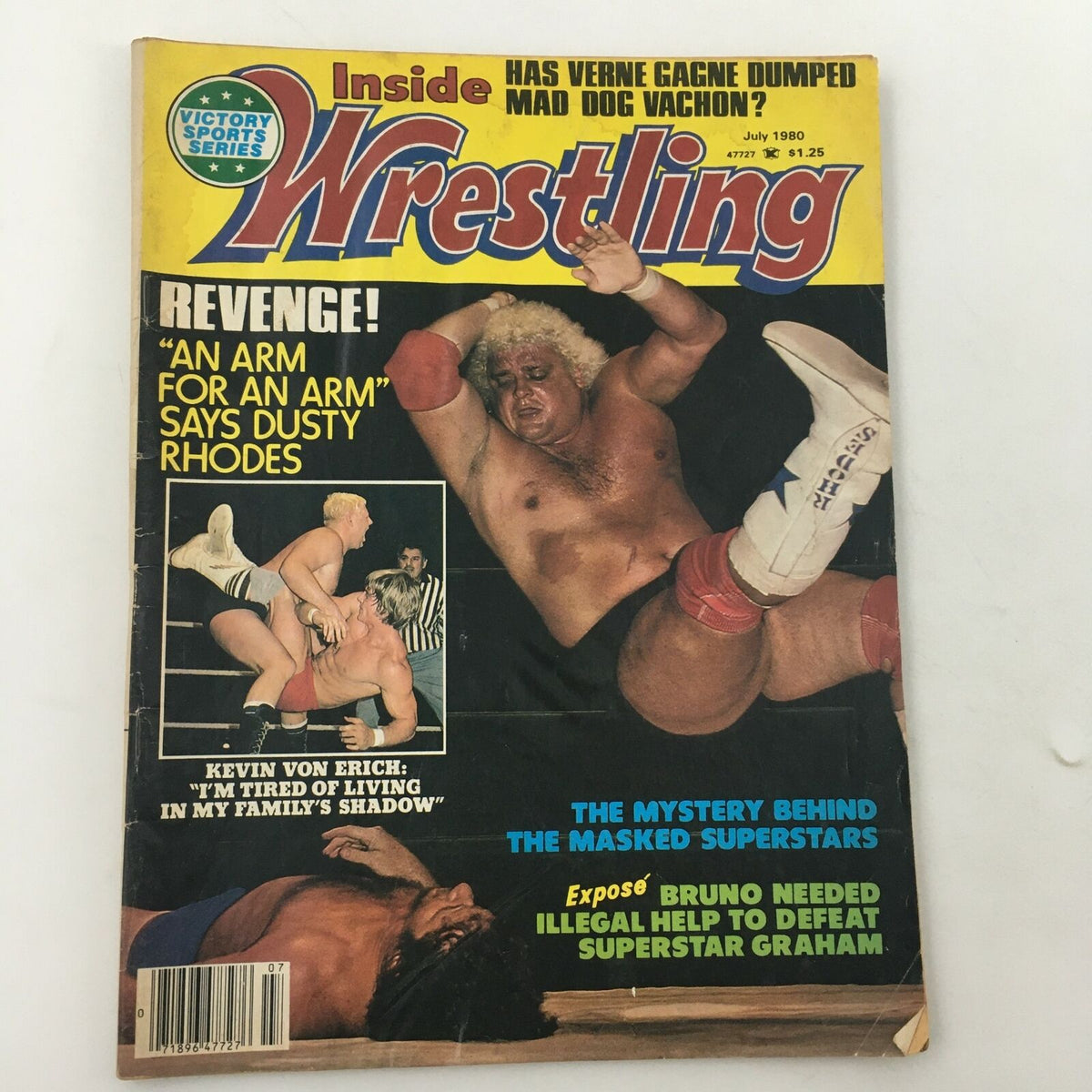 Cover of Inside Wrestling Magazine July 1980 featuring Dusty Rhodes and Kevin Von Erich, highlighting wrestling themes and stories.