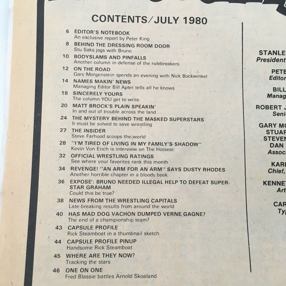 Table of contents for Inside Wrestling Magazine July 1980, detailing various articles and features including interviews and wrestling insights.