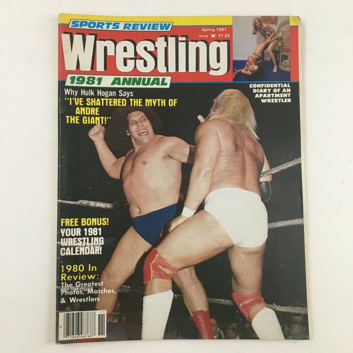 Front cover of Sports Review Wrestling Magazine Spring 1981 featuring Andre the Giant and Hulk Hogan, highlighting their iconic rivalry.