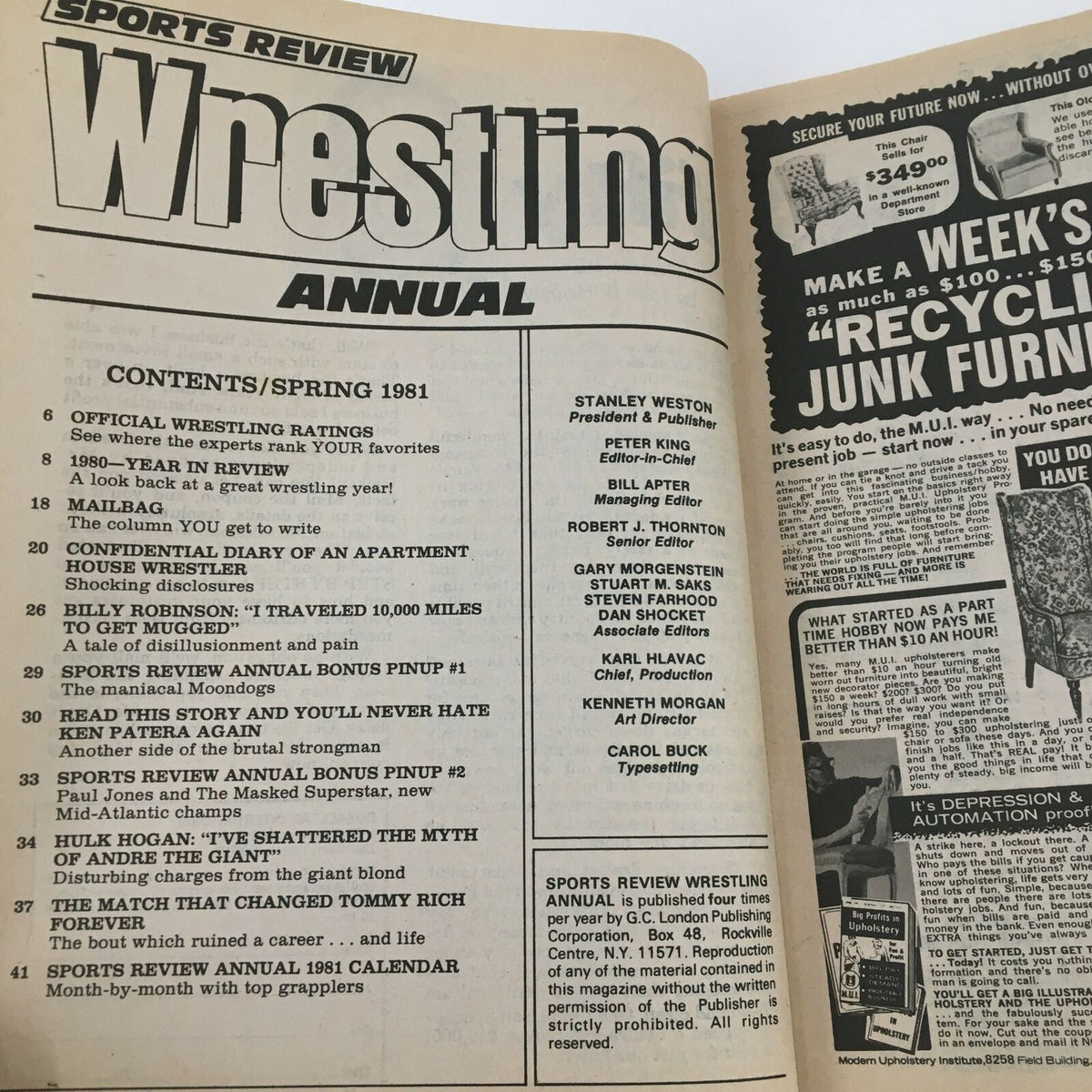 Inside page of Sports Review Wrestling Magazine Spring 1981 displaying the table of contents and features of the magazine.
