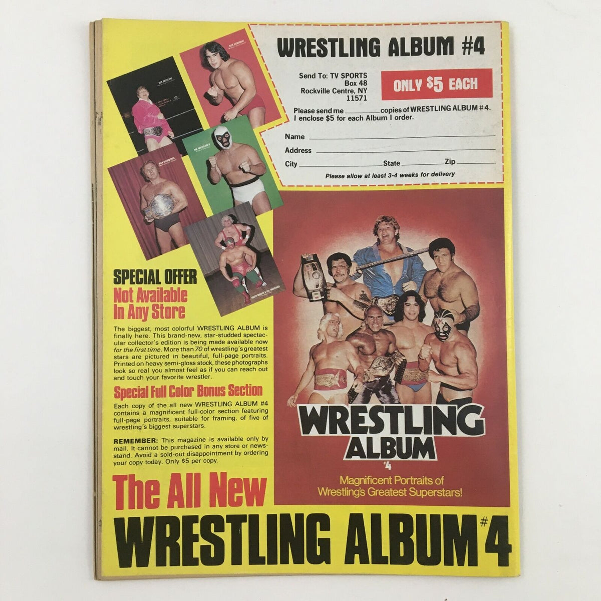 Wrestling Album #4 cover featuring a vibrant layout with portraits of popular wrestlers, emphasizing its special offers and unique collectibles from the wrestling world.