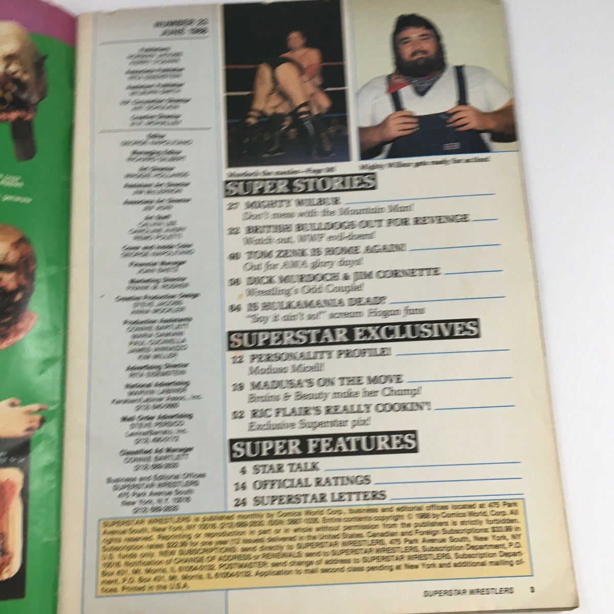 Back cover of Superstar Wrestlers Magazine June 1988, issue #23 featuring highlights of articles with legendary wrestlers including Mighty Wilbur, Tom Zenk, and Jim Cornette.