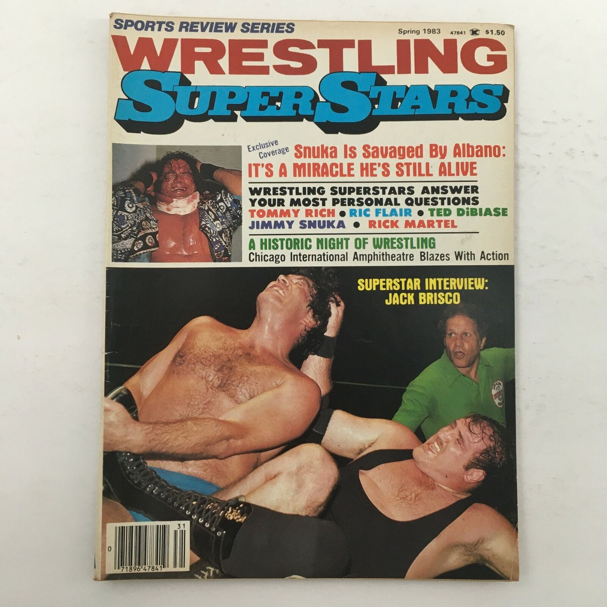 Wrestling Superstars Magazine Spring 1983 cover featuring Jack Brisco, Jimmy Snuka, and Rick Martel, showcasing iconic wrestling moments and highlighting a historic night of wrestling.