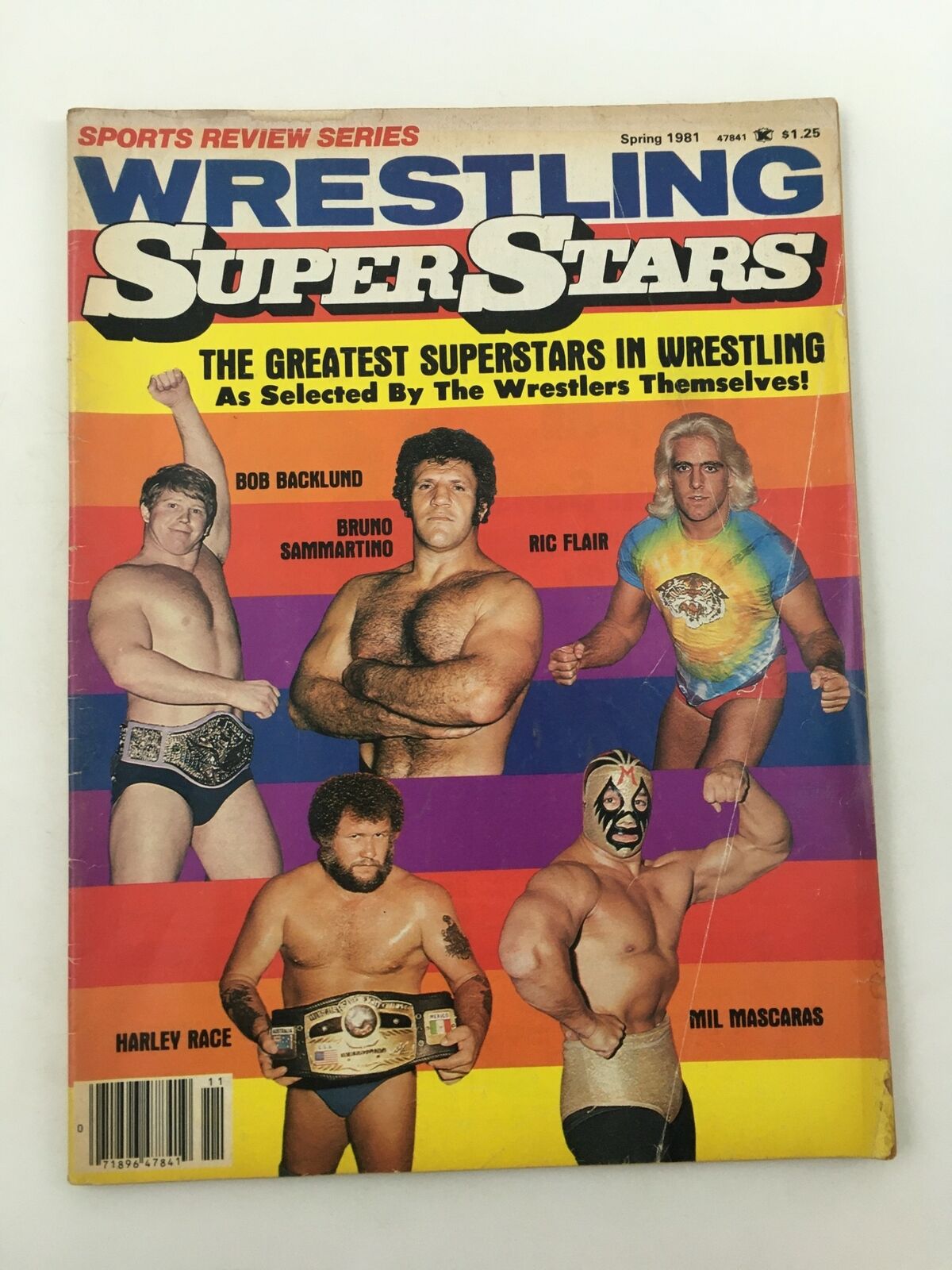 Cover of Wrestling Super Stars Magazine Spring 1981 featuring superstars Bob Backlund, Bruno Sammartino, Ric Flair, Harley Race, and Mil Mascaras, showcasing the vibrant colors and iconic wrestlers of the time.