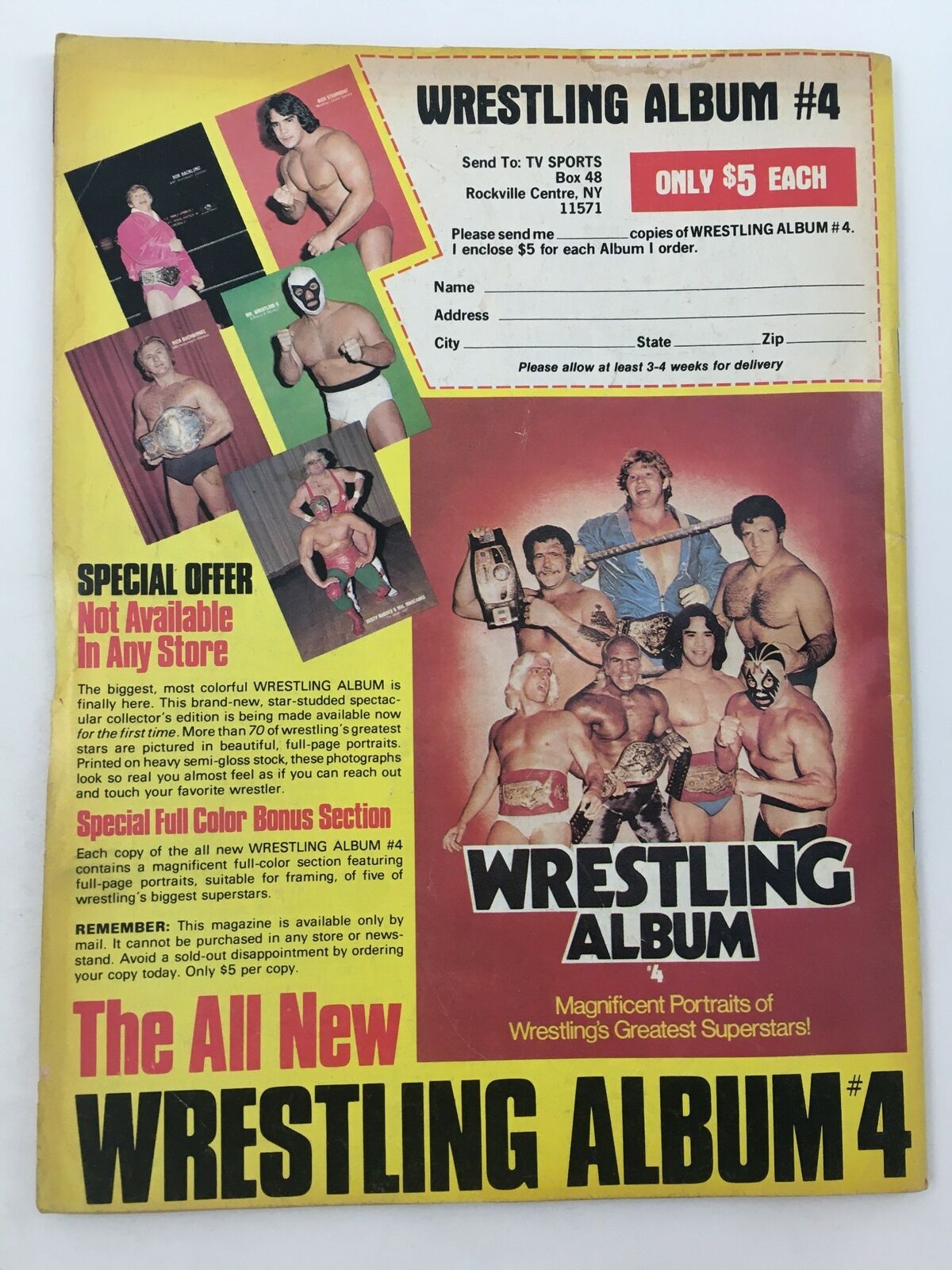 Advertisement for Wrestling Album #4 highlighting wrestling superstars with colorful images and a special offer, featured in Wrestling Super Stars Magazine Spring 1981.