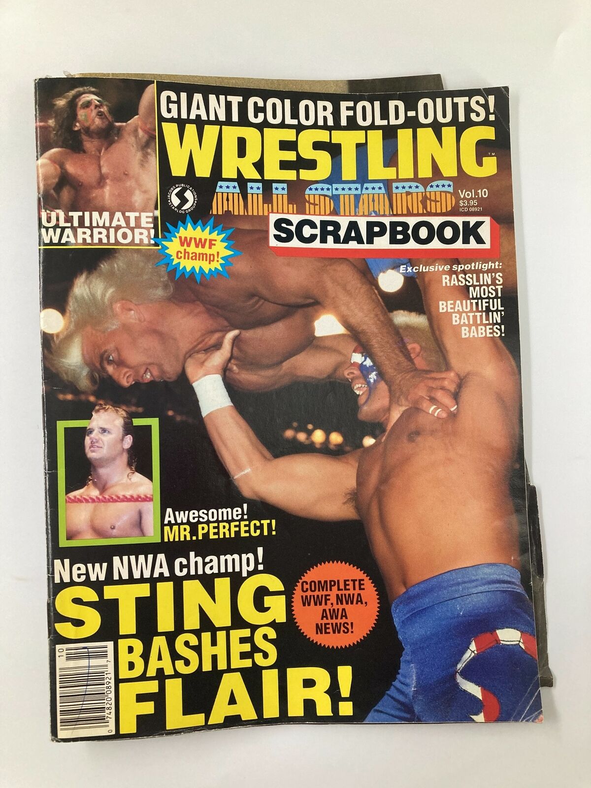 Wrestling All Stars Scrapbook 1990 #10 cover featuring Sting bashing Ric Flair, showcasing Ultimate Warrior and Mr. Perfect with eye-catching colors and graphics.