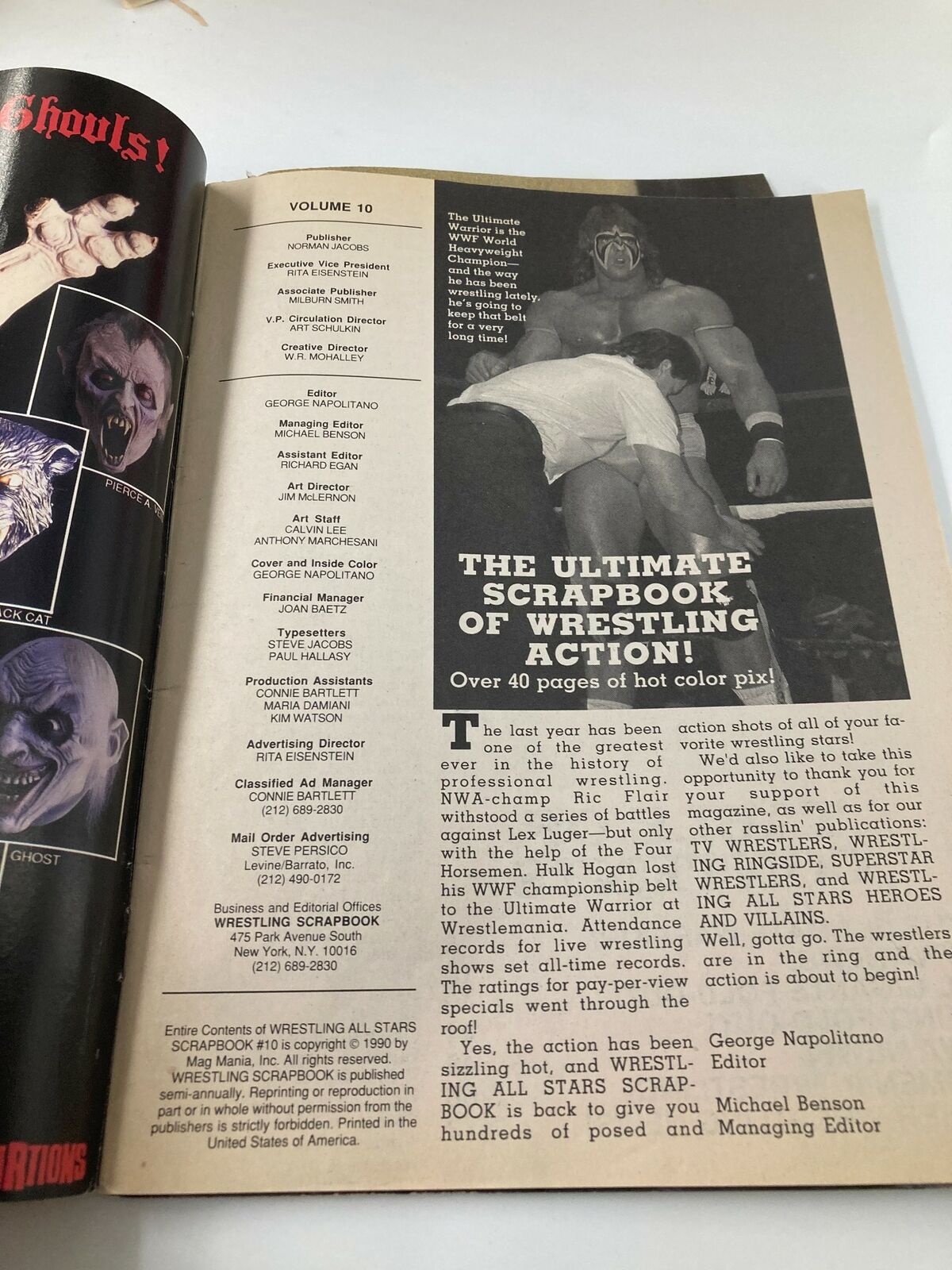 Inside page of Wrestling All Stars Scrapbook 1990 #10 highlighting wrestling history and featuring the Ultimate Warrior. Collectible magazine for wrestling fans.