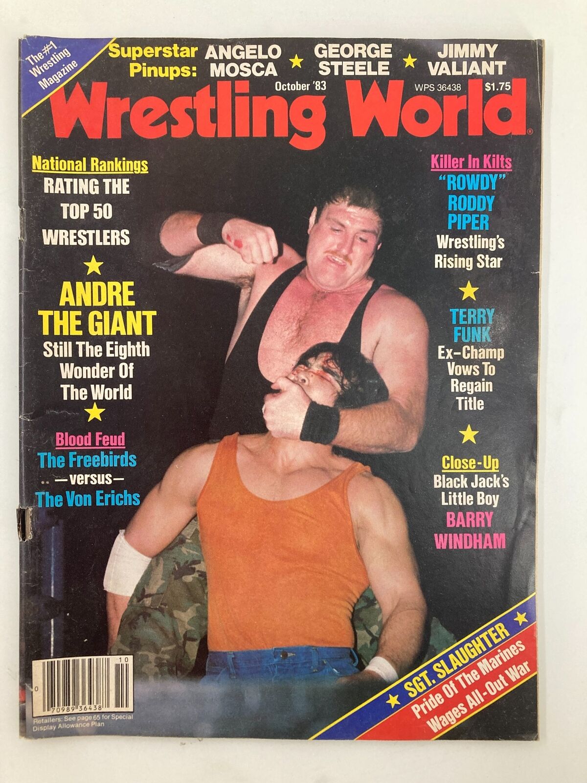 Wrestling World Magazine October 1983 featuring Andre The Giant and Rowdy Roddy Piper on the cover, showcasing a wrestling match.