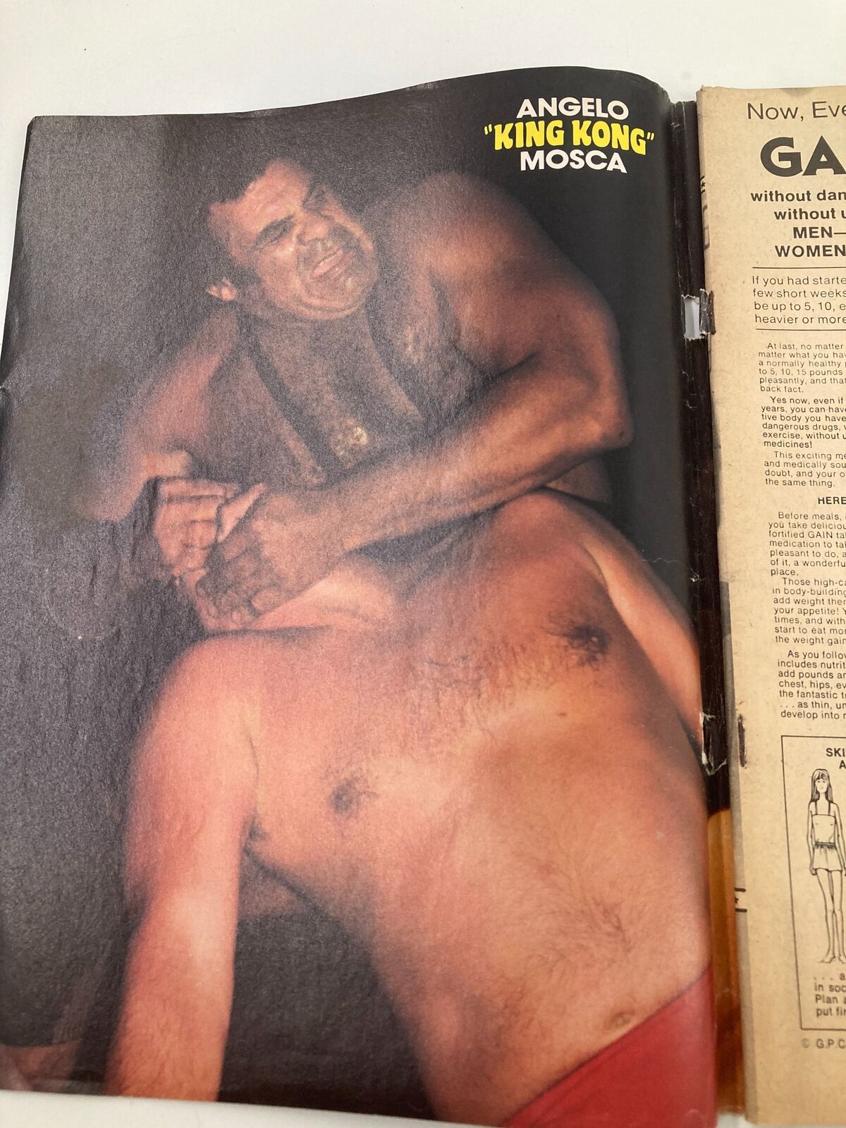 Inside page of Wrestling World Magazine October 1983 highlighting Angelo 'King Kong' Mosca, depicting a wrestling moment.