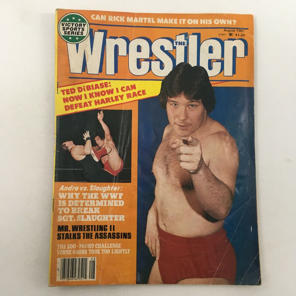 The Wrestler Magazine August 1981 featuring Andre the Giant and Sgt. Slaughter on the cover, highlighting an iconic wrestling showdown.