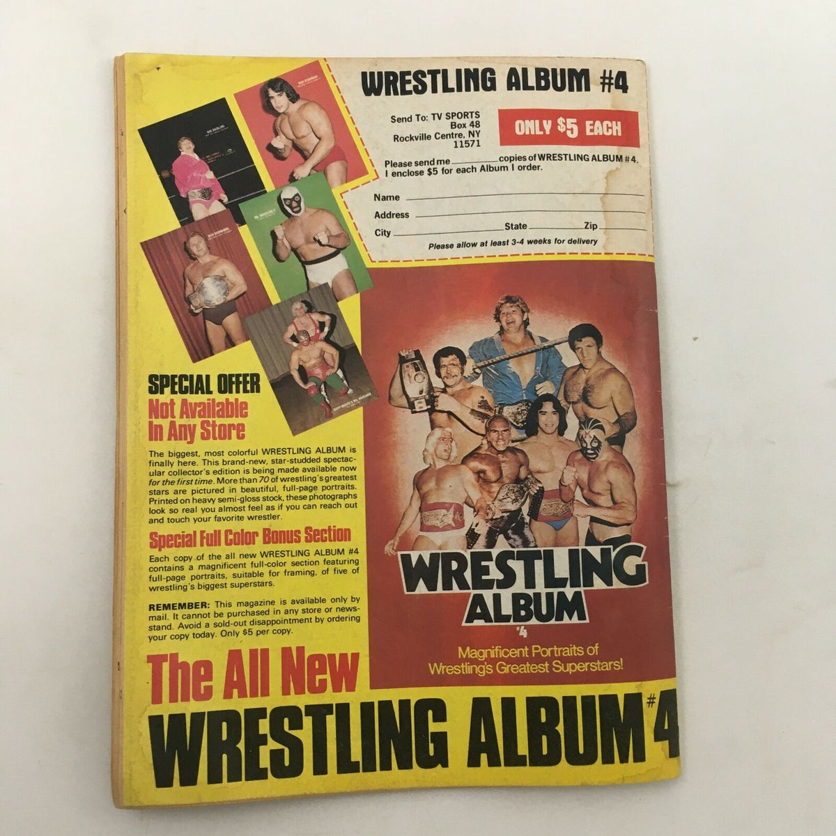 Back cover of The Wrestler Magazine August 1981 showcasing Wrestling Album #4 with promotional details and images of wrestlers.