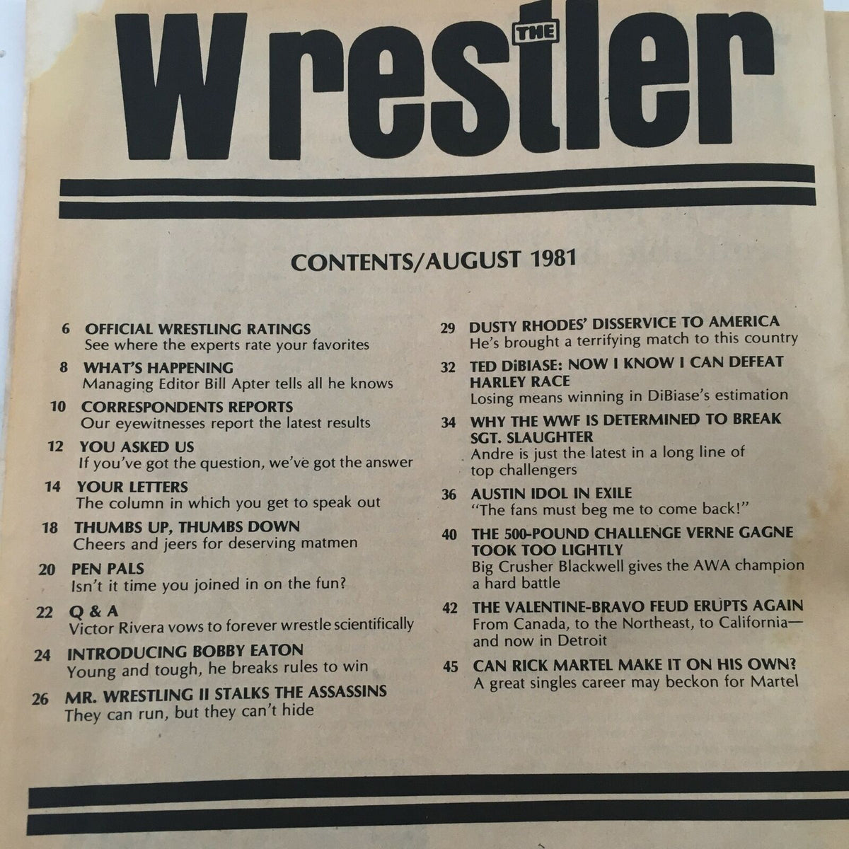Contents page from The Wrestler Magazine August 1981, listing features including articles on Andre the Giant and Sgt. Slaughter.