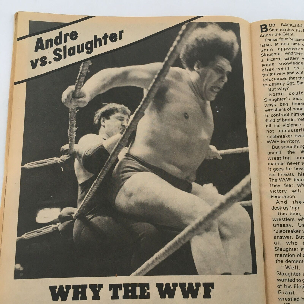 An inside page from The Wrestler Magazine August 1981 depicting a wrestling match between Andre the Giant and Sgt. Slaughter.