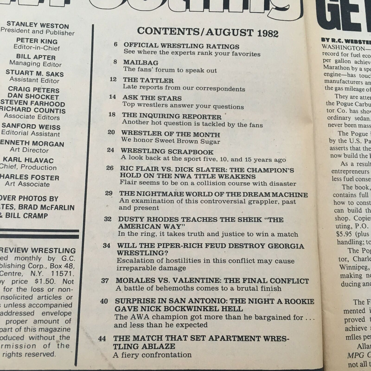 Table of contents page from Sports Review Wrestling Magazine August 1982. Lists articles such as Ric Flair vs. Dick Slater and Morales vs. Valentine, capturing the essence of wrestling in the 1980s.