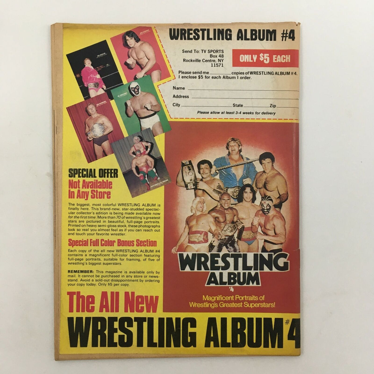 Back cover of Sports Review Wrestling Magazine August 1982 promoting Wrestling Album #4. Displays images of iconic wrestlers and special offer details, appealing to wrestling collectors.