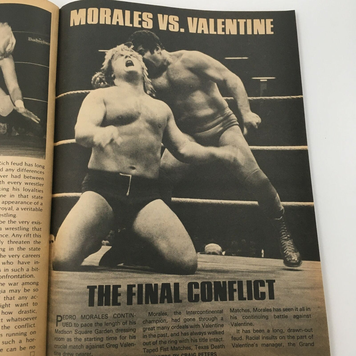 Sports Review Wrestling Magazine August 1982 featuring Pedro Morales and Greg Valentine in an intense wrestling match, capturing the excitement and drama of professional wrestling.