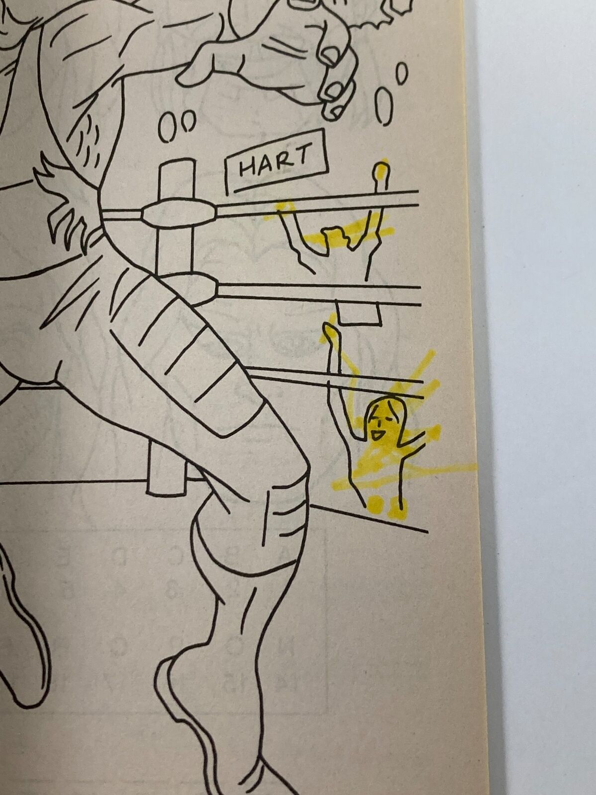 Inside page from the World Championship Wrestling Giant Coloring & Activity Book, featuring a coloring activity with a wrestling ring and a yellowed character drawing.