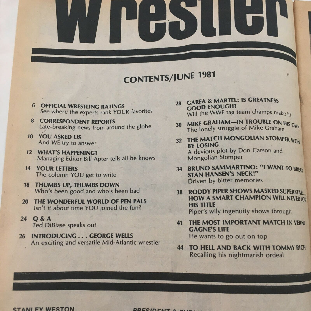 Contents page of The Wrestler Magazine June 1981 listing articles including 'Mike Graham - In Trouble On His Own' and 'Garea & Martel: Is Greatness Good Enough?'