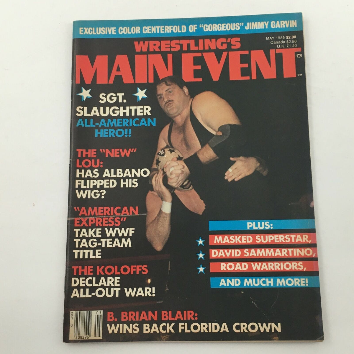 Wrestling's Main Event Magazine May 1985 cover featuring Sgt. Slaughter and Jimmy Garvin in action with promotional text about wrestling events and stars.