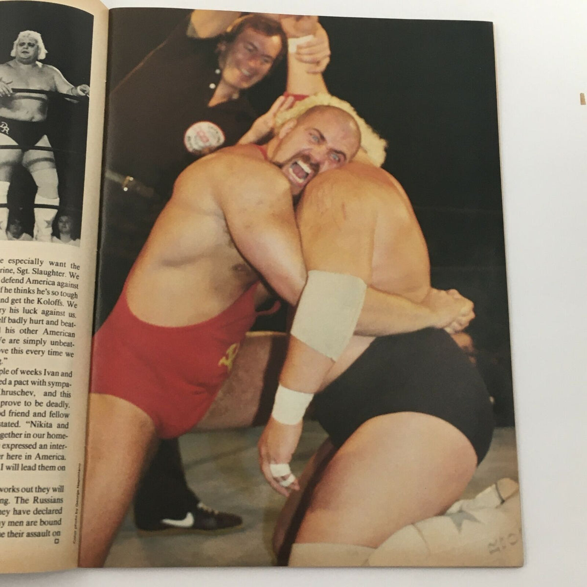 Wrestling's Main Event Magazine May 1985 capturing a dramatic wrestling match scene with Nikita Koloff and another wrestler, reflecting the intense competition of the mid-1980s wrestling landscape.