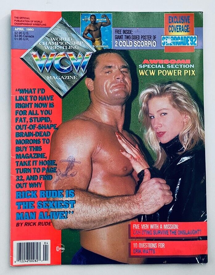 Cover of WCW Wrestling Magazine April 1993 featuring Rick Rude and a female model, showcasing an original poster promotion inside.