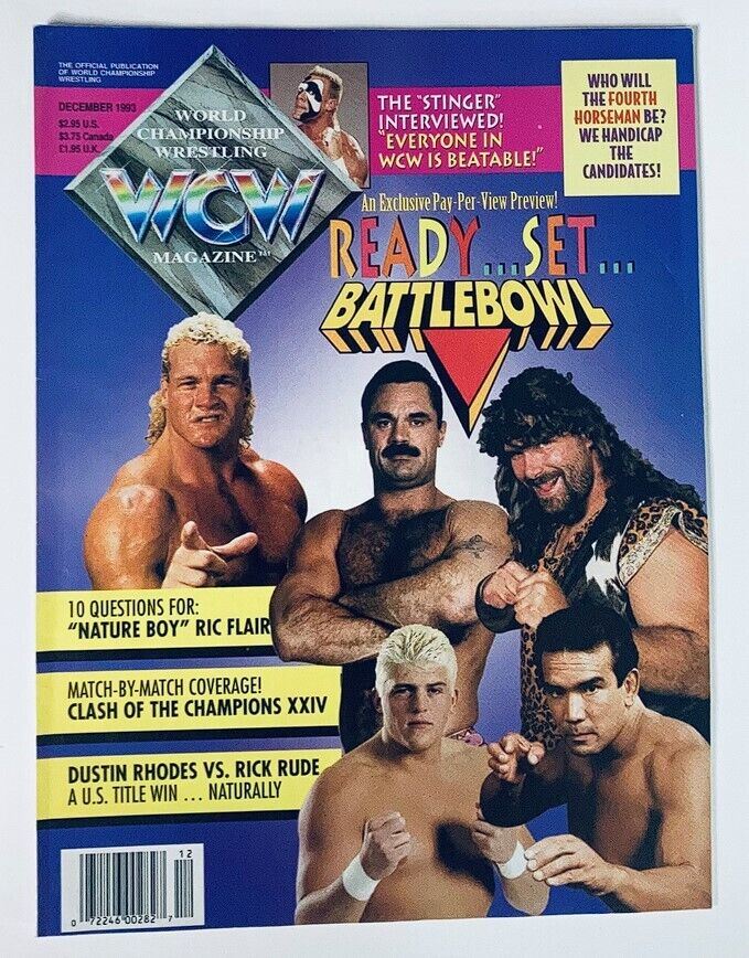 WCW Wrestling Magazine December 1993 featuring iconic wrestlers including Ric Flair, Stinger, Dustin Rhodes, and others on the cover, promoting the wrestling event BattleBowl.
