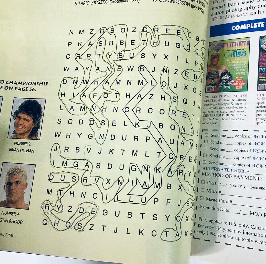 Inside page of WCW Wrestling Magazine December 1993 showing a word search puzzle featuring wrestlers Brian Pillman and Dustin Rhodes, along with magazine subscription information.