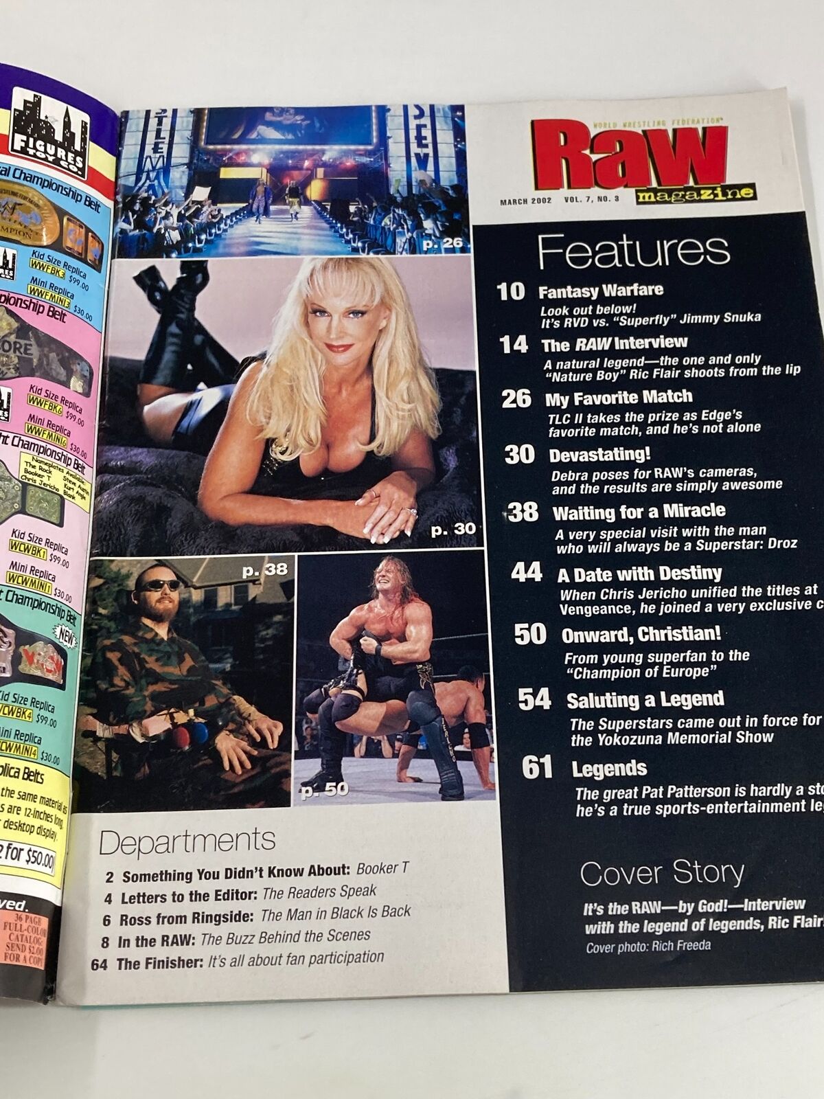 Inside page of WWF Raw Magazine March 2002 showcasing features including the cover story on Ric Flair and celebrity wrestlers like Debra.