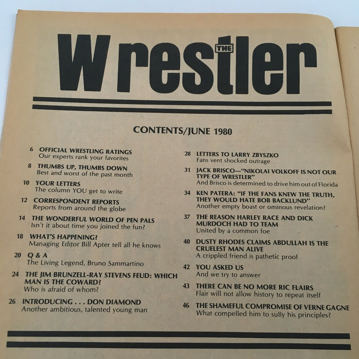 Inside contents page of WWF The Wrestler Magazine, June 1980, detailing articles and features including Harley Race and Dick Murdock.