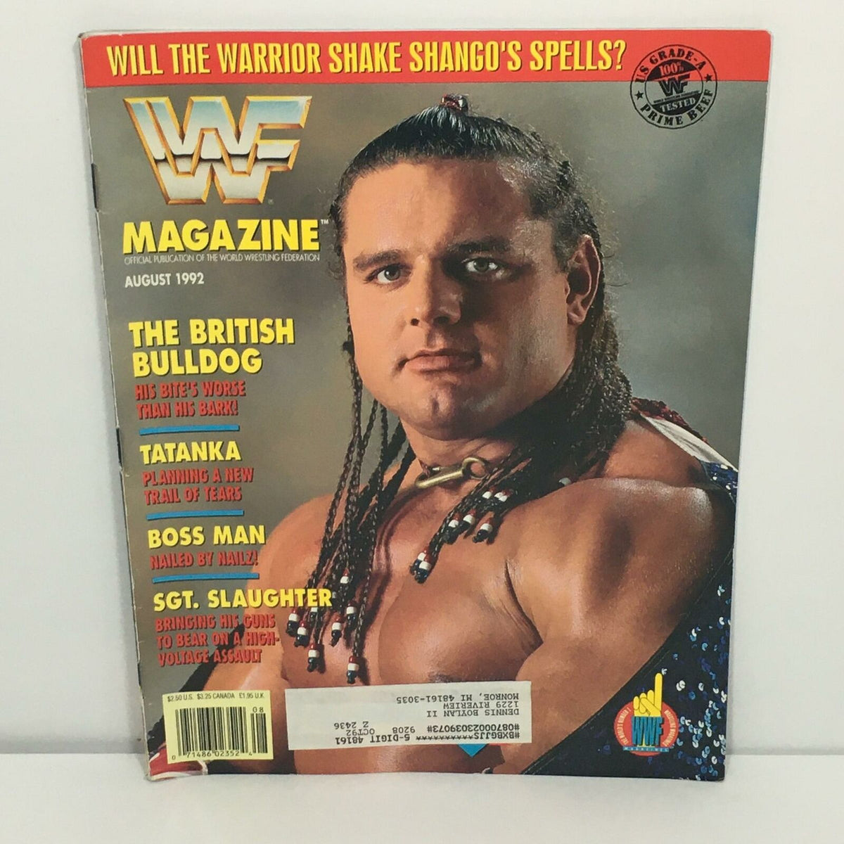 WWF WWE Magazine August 1992 featuring The British Bulldog on the cover, along with listings for Tatanka, Boss Man, and Sargeant Slaughter. The magazine highlights wrestling events and characters from the WWF era. In good condition with some edge wear.