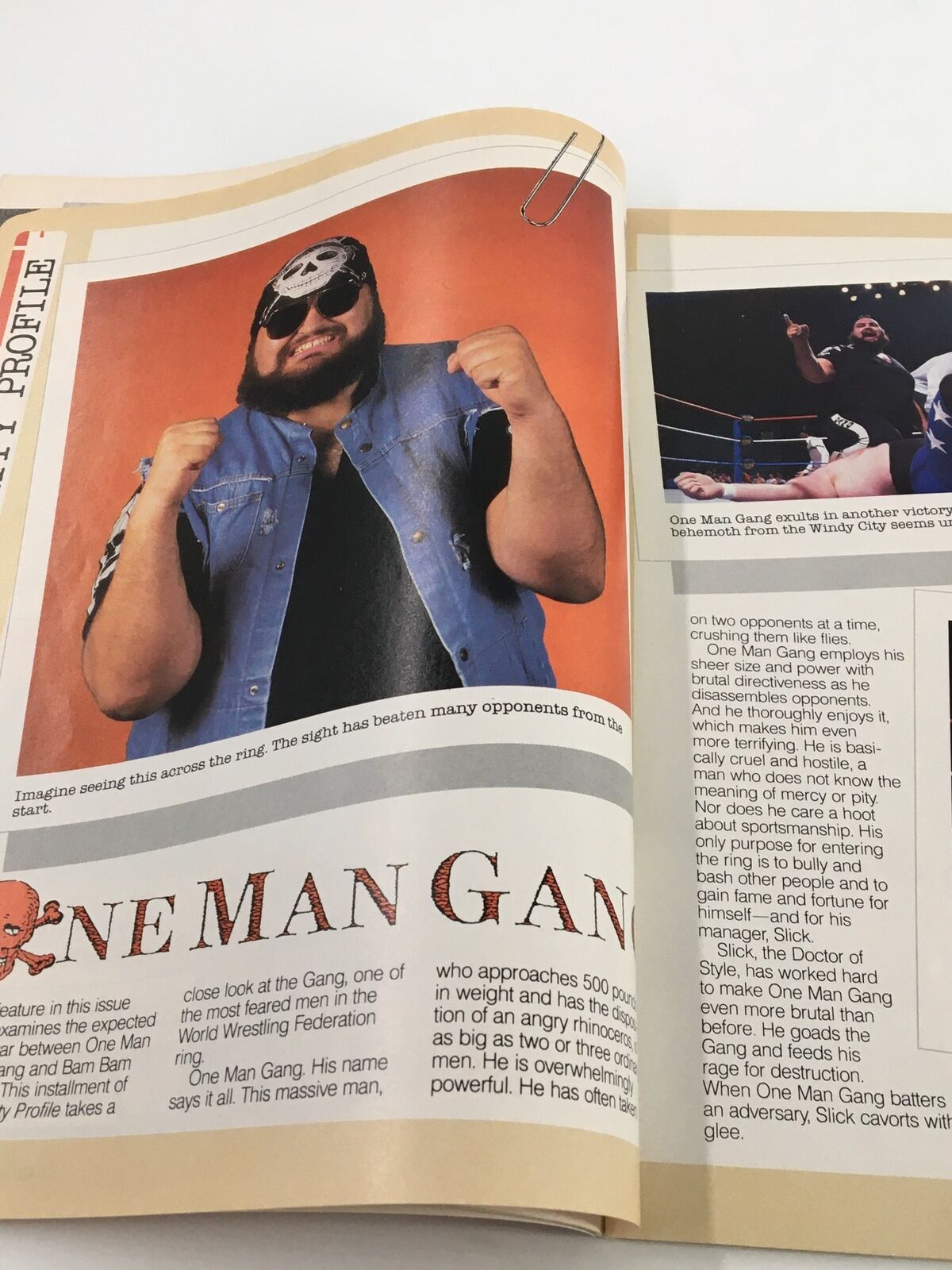 Interior spread of VTG WWF Magazine March 1988 showcasing One Man Gang, a prominent wrestler, in a profile feature. The image highlights his intimidating presence and striking fashion, indicative of the wrestling culture of the late 1980s.