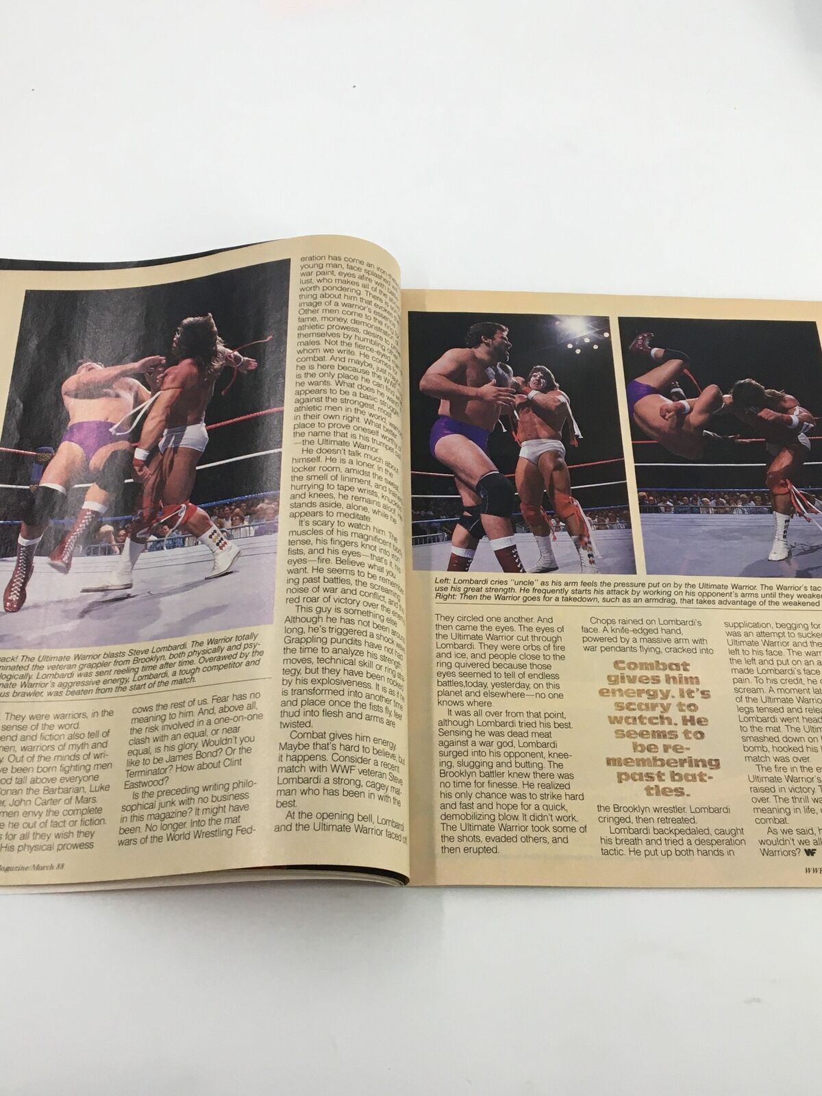 Highlighted article from VTG WWF Magazine March 1988 covering a match featuring The Ultimate Warrior and his opponents, showcasing action shots and detailed commentary about his wrestling technique.