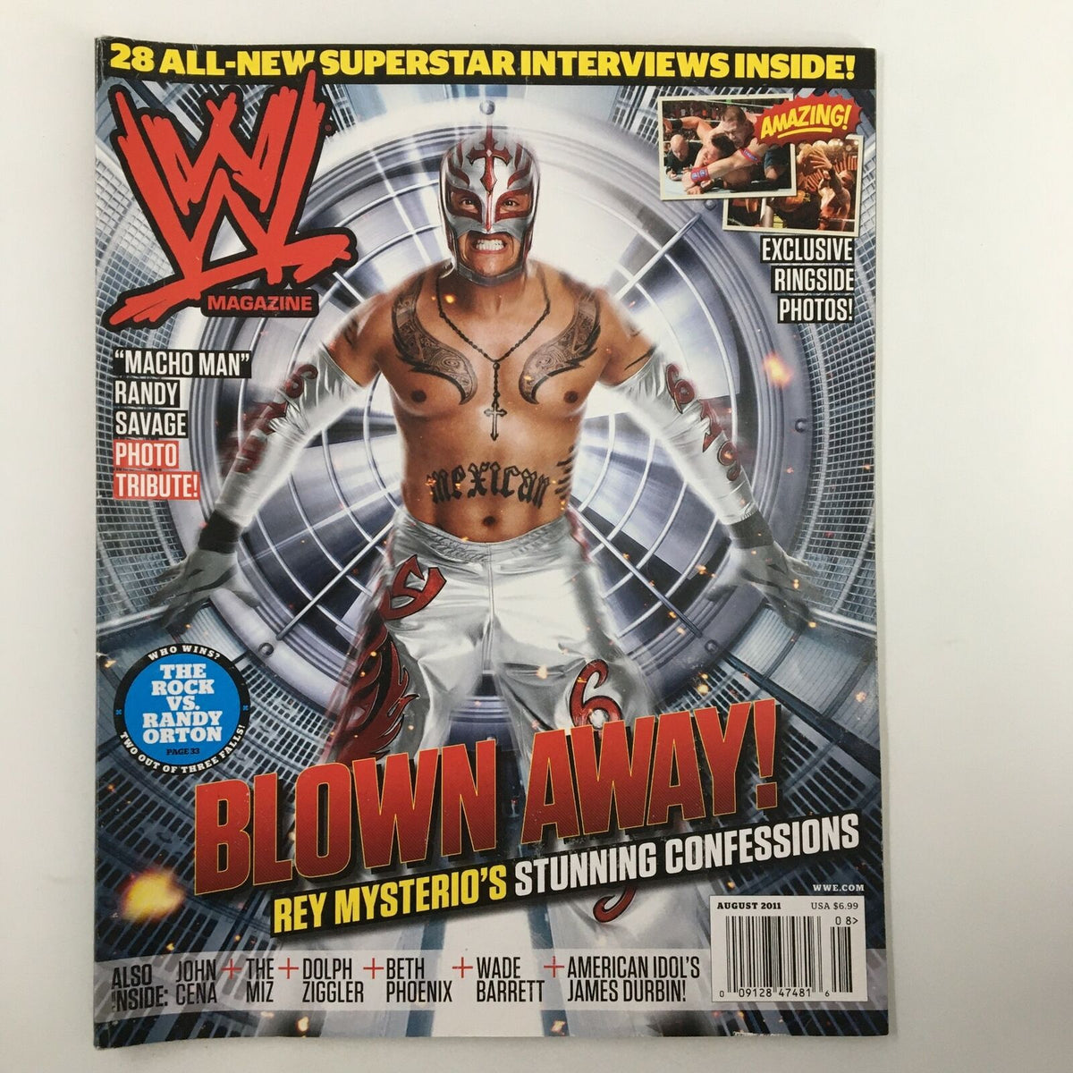 WWE Magazine August 2011 featuring Rey Mysterio on the cover, showcasing his iconic wrestling character and vibrant costume, highlighting the excitement of professional wrestling.