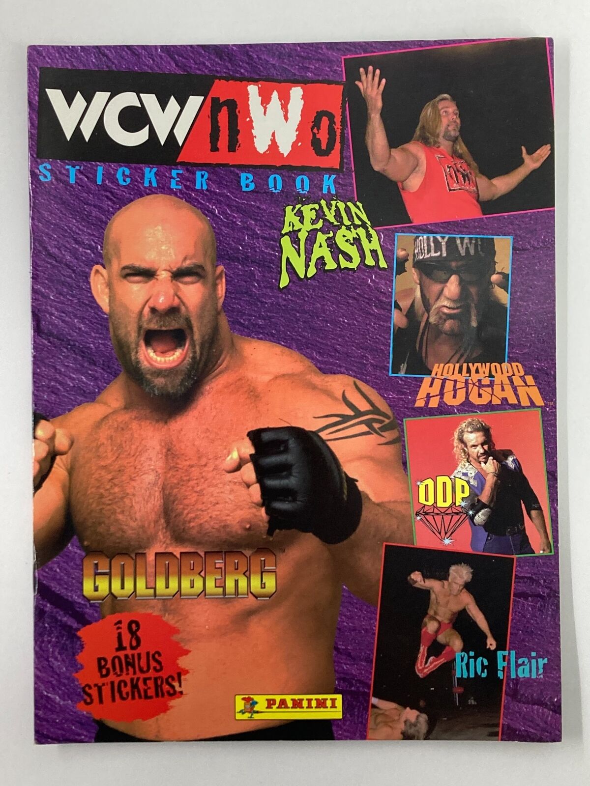 1999 WCW and NWO Sticker Book featuring Goldberg, Kevin Nash, and Hulk Hogan on the cover with vibrant graphics.