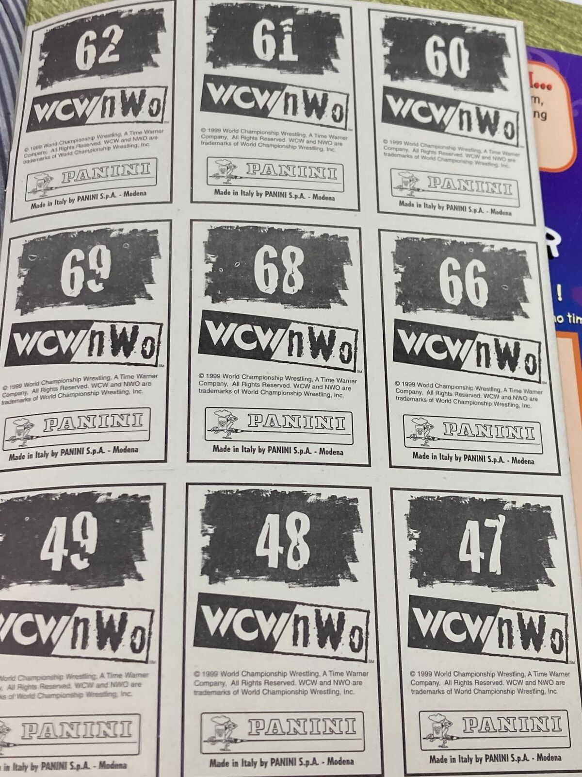 List of sticker numbers from the 1999 WCW and NWO Sticker Book designed by Panini in a grid format.