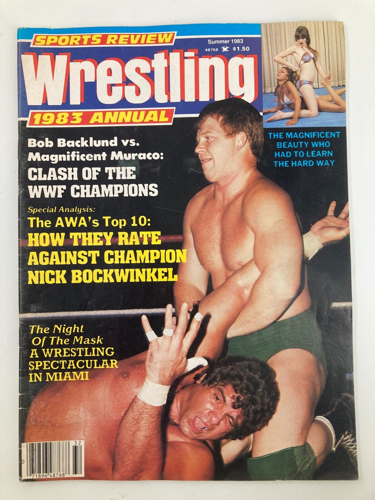 Cover of VTG Sports Review Wrestling Magazine Summer 1983 featuring Bob Backlund vs Magnificent Muraco with headlines about wrestling champions and analysis.