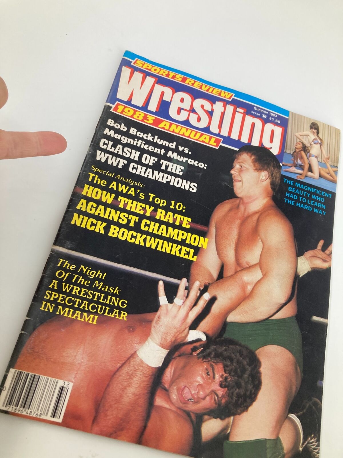 Close-up view of VTG Sports Review Wrestling Magazine Summer 1983 cover highlighting the match between Bob Backlund and Magnificent Muraco.