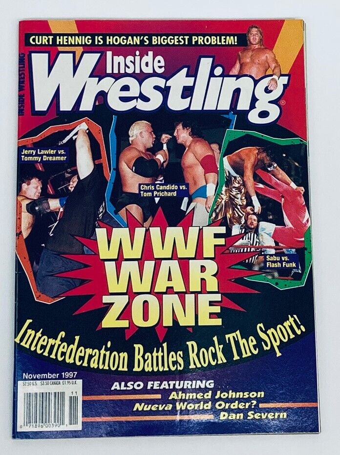 Cover of Inside Wrestling Magazine November 1997 featuring Chris Candido vs Tom Prichard, showcasing vibrant graphics and wrestling icons from the late '90s.