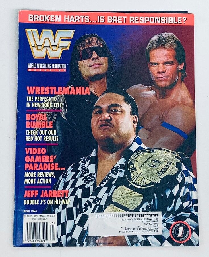 WWF World Wrestling Federation Magazine from April 1994 featuring Yokozuna, Bret Hart, and Lex Luger on the cover, highlighting wrestling events and match details.