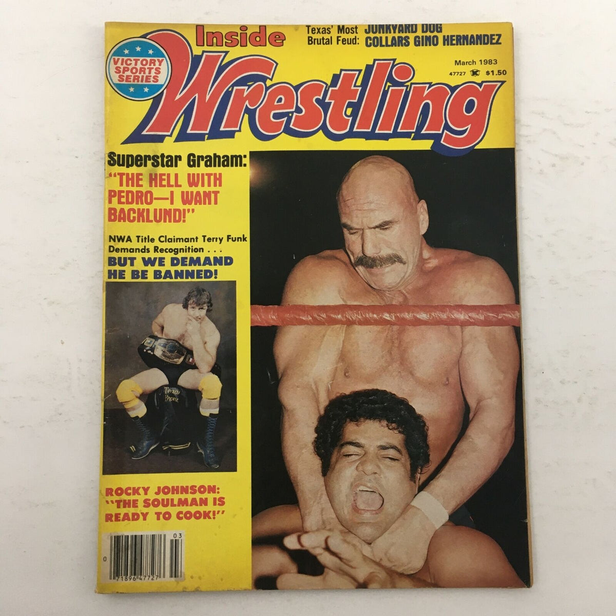 Cover of Inside Wrestling Magazine March 1983 featuring wrestling legends Hulk Hogan, Rocky Johnson, and Terry Funk with colorful graphics and wrestling action.