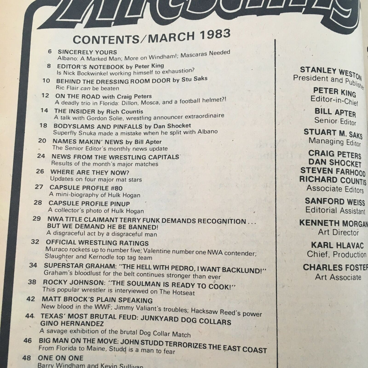 Table of contents page from Inside Wrestling Magazine March 1983, detailing articles and profiles including Hulk Hogan and Terry Funk.