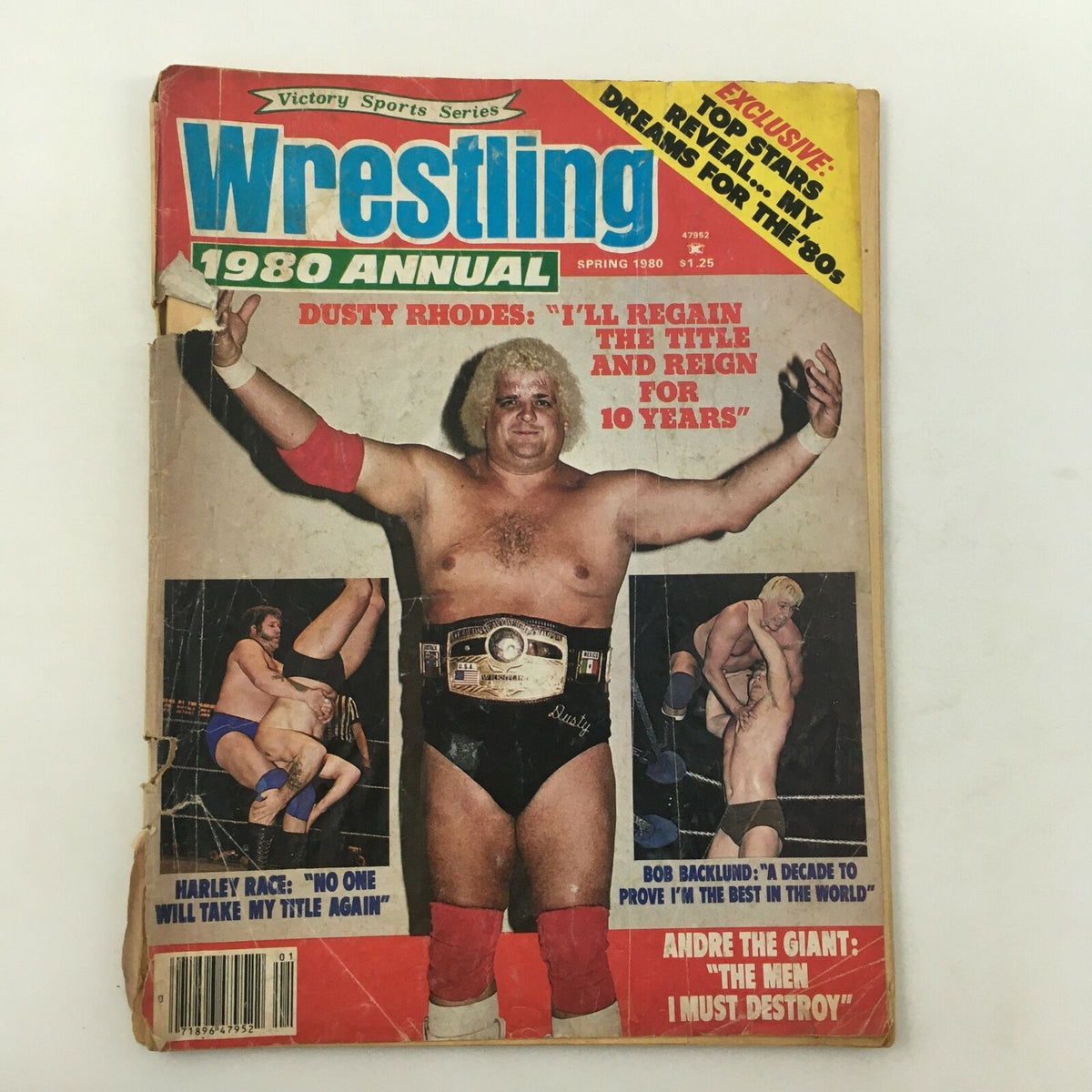Cover of WWF Wrestling Magazine Spring 1980 featuring Dusty Rhodes, Bob Backlund, and Harley Race, highlighting wrestling culture and nostalgia.