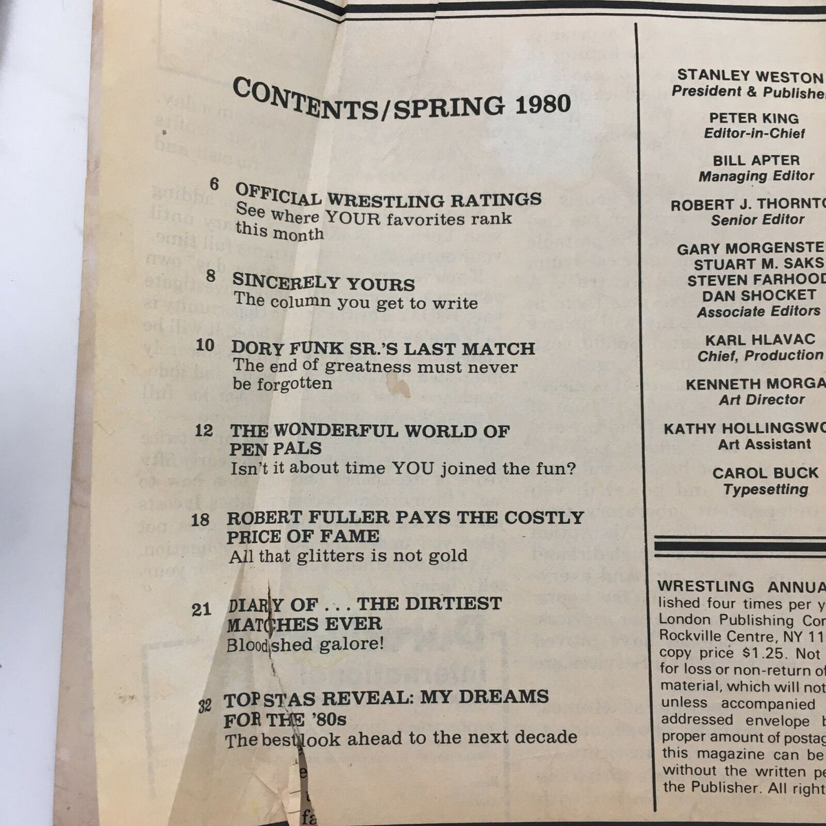 Contents page from WWF Wrestling Magazine Spring 1980, listing articles and features, showcasing the magazine's historical significance.